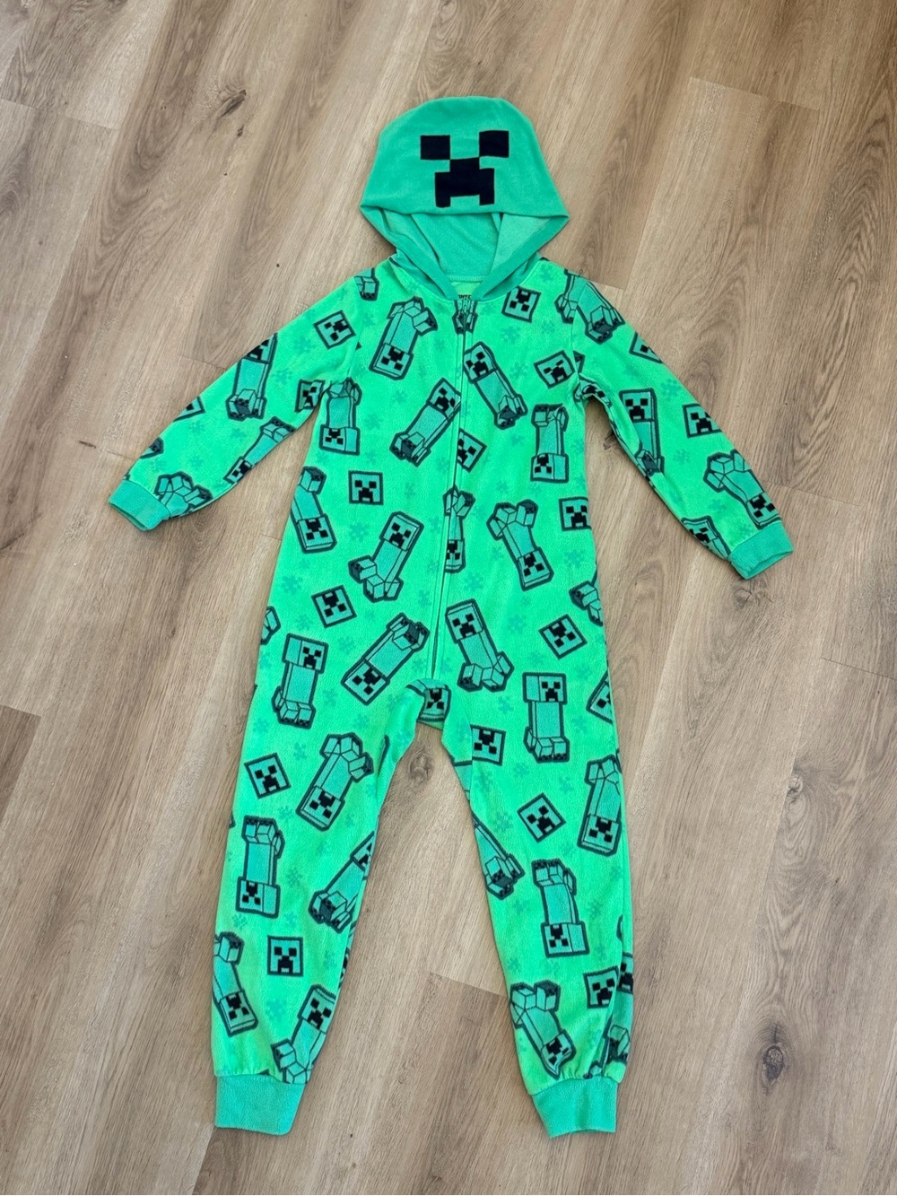 Green Creeper Minecraft Print Kids One-Piece Hooded Pajama